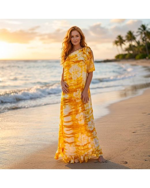 Nyny Ryke Yellow Wilma, One-Shoulder Batik Maxi Dress Floral Summer Dress
