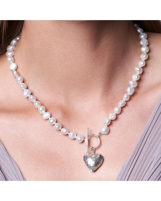 Pearls of the Orient Online Metallic Amare Single Strand Irregular Cultured Freshwater Pearl Necklace With Hammered Heart
