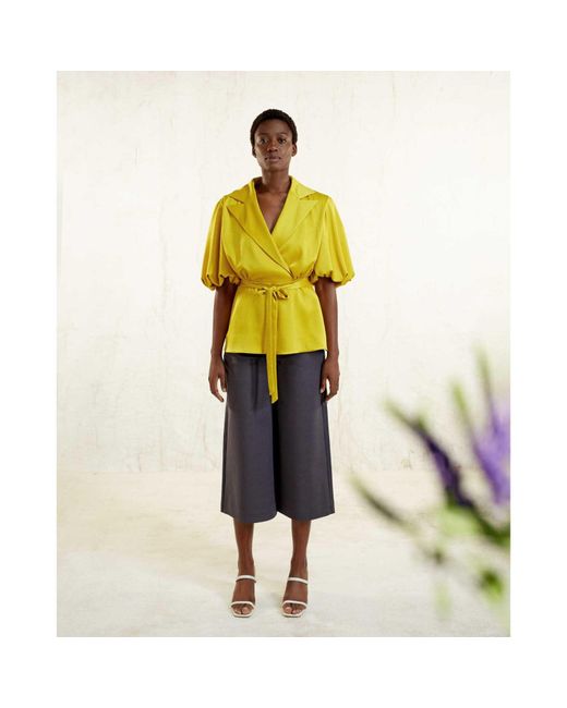 Femponiq Yellow Draped Puff Sleeve Satin Blouse