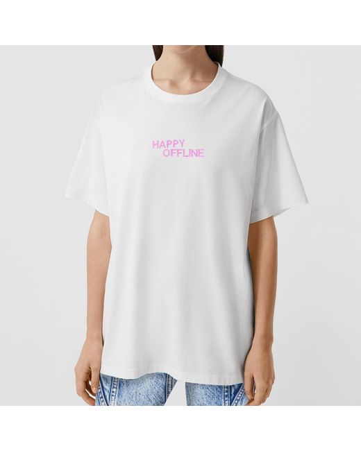 Quillattire White Happy Offline Embroidered T Shirt