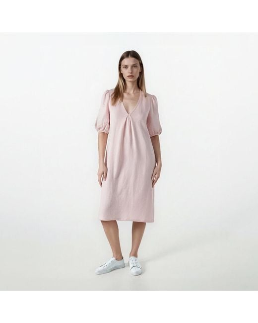 Haris Cotton Pink Linen Dress With Three Quarters Puffy Sleeves And Front Pleat Powder
