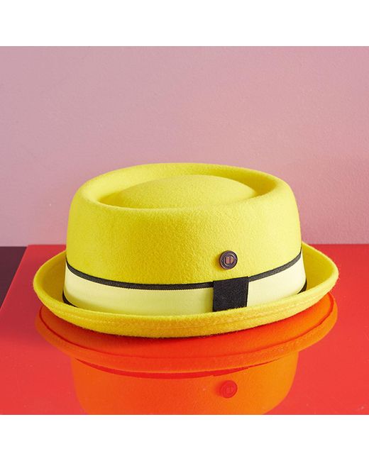 Dasmarca Hats Yellow Leo Citrine Felt Skimpy Brim Short Brim Rude Boy Mod Style Porkpie Hat for men