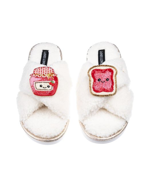 Laines London Red Neutrals Laines Boucle Slippers With Laines Loveables Jam & Toast Brooches