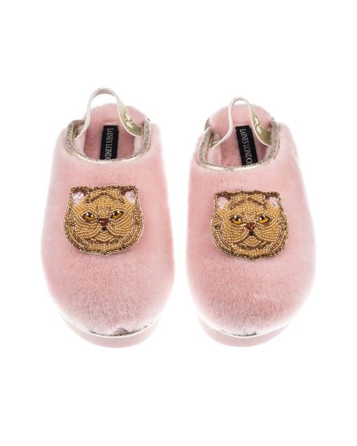 Laines London Pink Flatform Cloud Slippers With Double Ginger Persian Cat Brooches