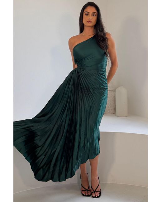 Girl In Mind Green Aoife One Shoulder Pleated Midi Dress Emerald