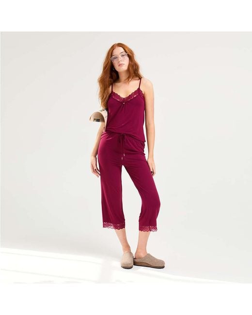 Pretty You London Purple Bamboo Lace Cami Cropped Trouser Pj Set