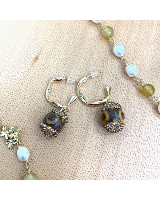 Farra Metallic Tibetan Dzi Bead With Rhinestones Hook Earrings