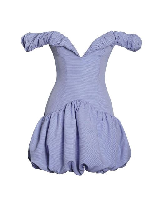 Miss Circle New York Blue Sablee Checkered Puffy Off Shoulder Trim Bubble Hem Mini Dress