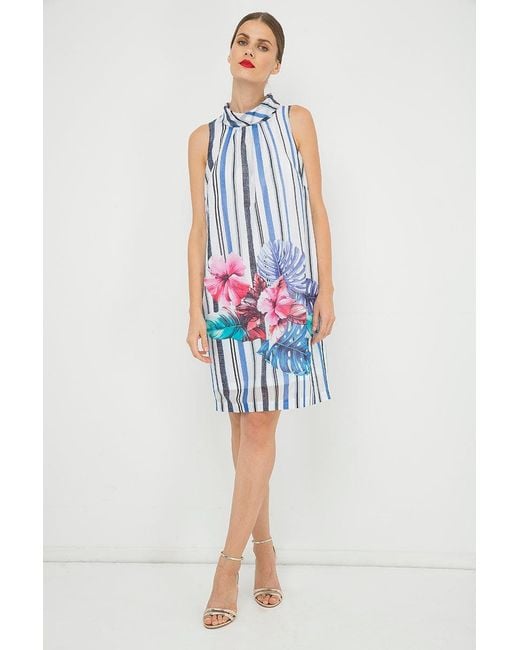 Conquista White Print Sleeveless Dress With Upright Collar