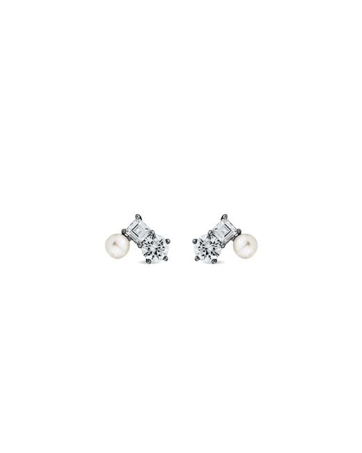 SALLY SKOUFIS White Eclipse Stud Earrings With Natural Pearls & Made Cz Diamond Stimulant