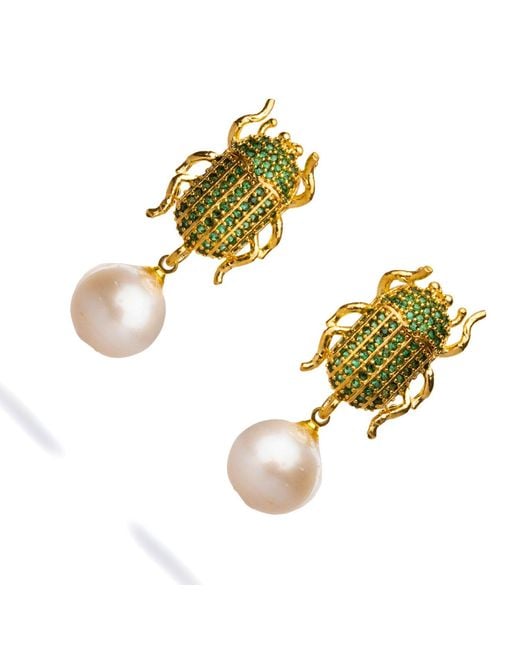 Ebru Jewelry Metallic Egyptian Scarab Emerald & Pearl Dangle Mystic Earrings