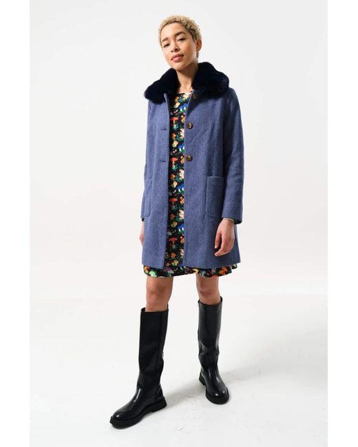 Louche Blue Dryden Herringbone Fur Collared Coat