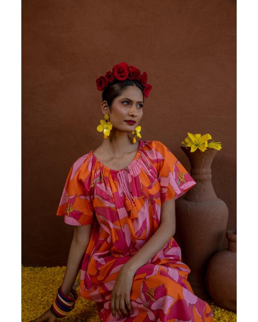 NoLoGo-chic Red Calypso Fruit Flower Midi Dress Cotton