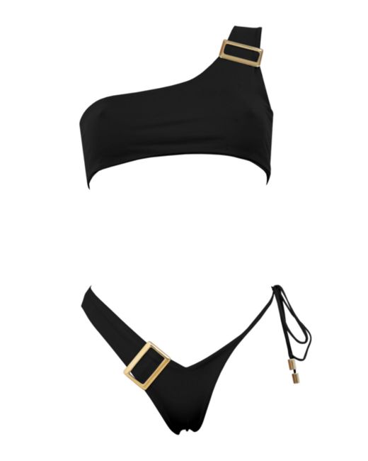 ANTONINIAS Black Dulcet Double Layered Asymmetric Bikini Bottom With Golden Details