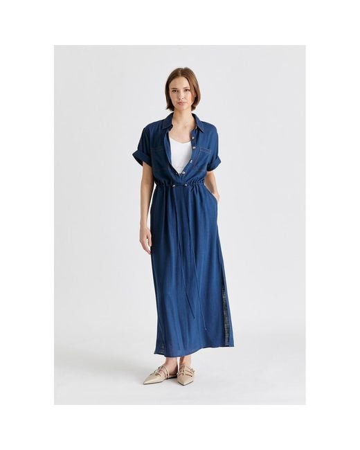 Paisie Blue Linen Blend Shirt Dress With Stitch Details