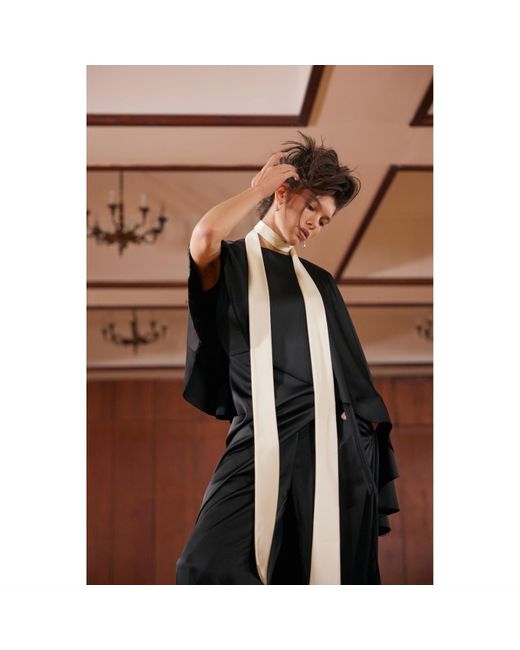 Julia Allert Black Structured Satin Cape Dress With Contrast Scarf