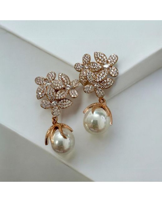 Latelita London Pink Flowers Pearl Earrings Rosegold
