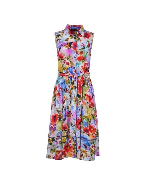 Conquista Blue Floral Sleeveless Dress With Belt