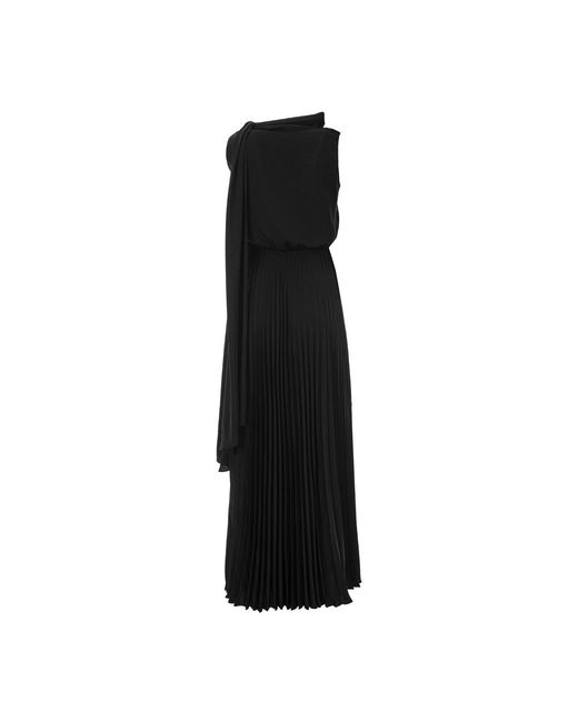 Lita Couture Black Long Pleated Tie-Neck Dress