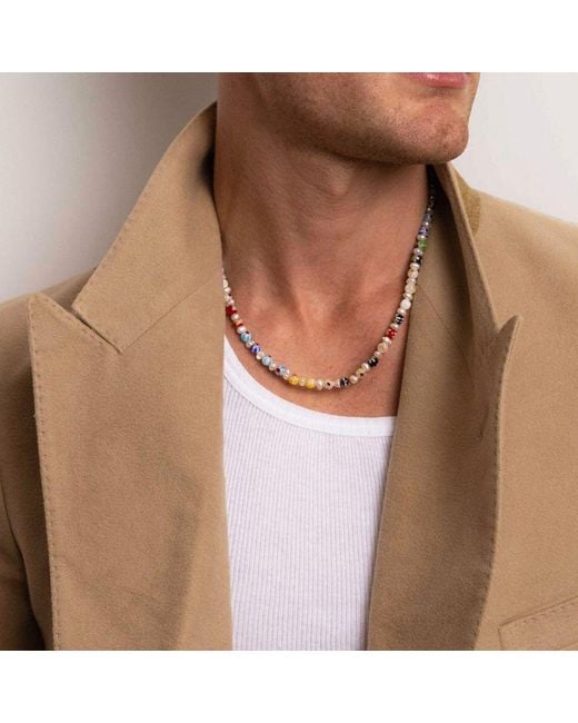 Nialaya Metallic Pearl Necklace With Hand-Painted Glass Beads for men