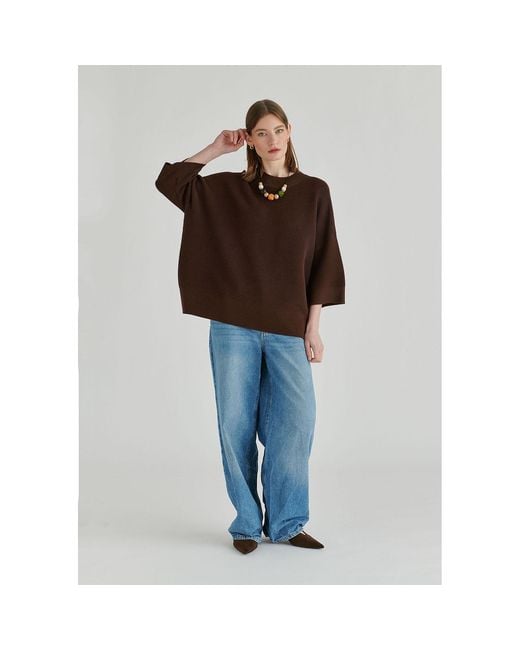 Paisie Brown Mock Neck Cropped Sleeve Ribbed Jumper