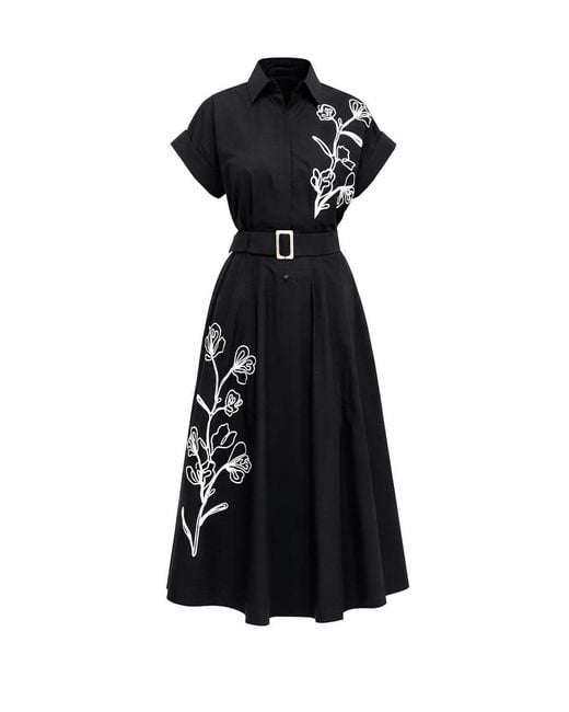 Exquise Black Embroidered Detail Flared Midi Shirt Miriam Dress