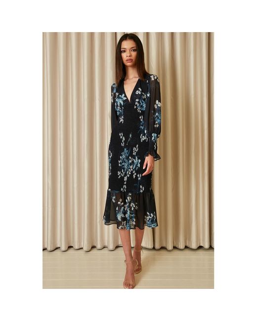 Urban Touch Blue Floral Print Bodycon Style Long Sleeve Dress