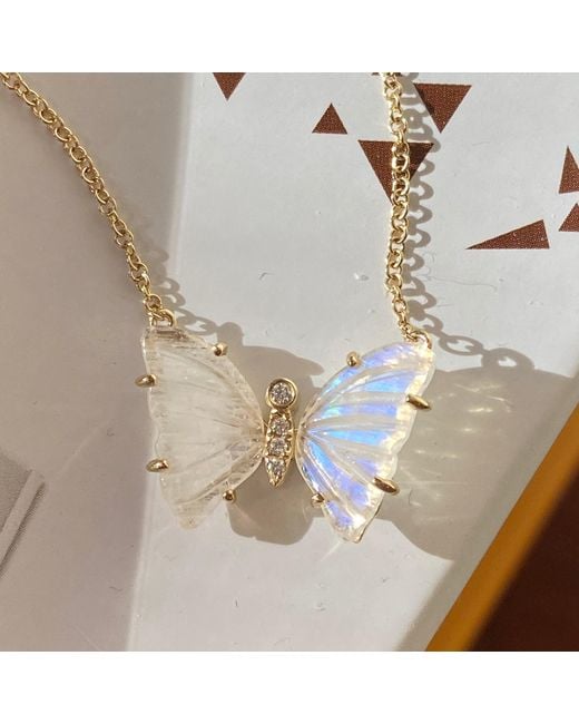 KAMARIA Metallic Moonstone Butterfly Necklace With Diamonds & Prongs