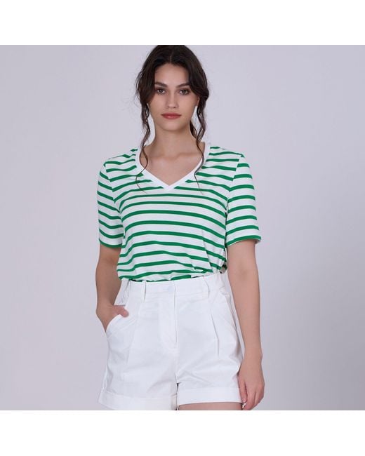 Smart and Joy Green V Neck Stripes Cotton T-Shirt