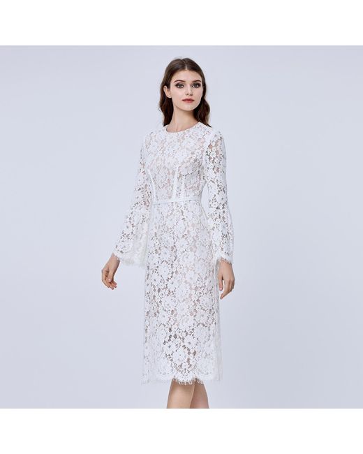 Smart and Joy White Bustier Lines And Tulip Sleeves Lace Dress