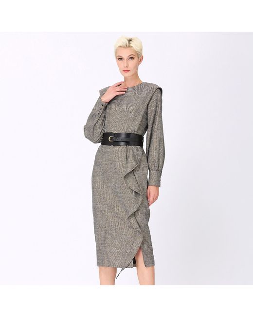 Smart and Joy Gray Tailor Dress With Wide Shoulder And Vertical Ruffle