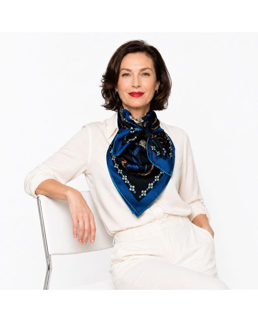 Wenzi Blue Midnight Roses Hand Painted Pattern Double Sided Silk Twill Scarf