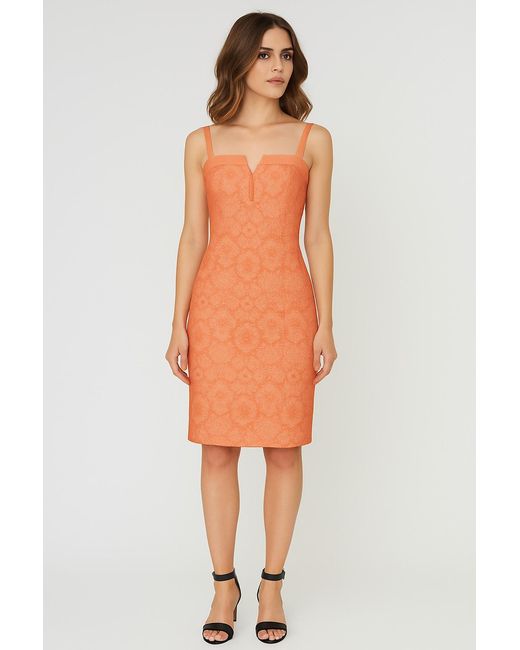 Conquista Multicolor Elegant Coral Jacquard Dress With Structured Notch Neckline
