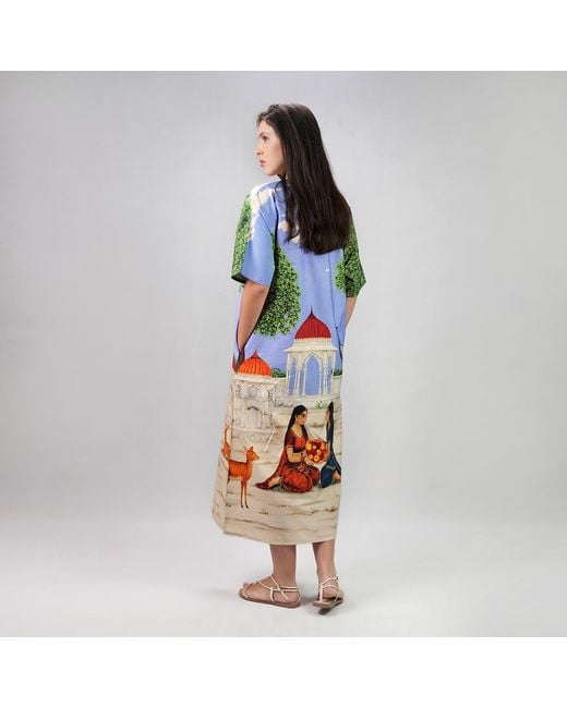 DHARA SHETH DUBAI Blue Saanjh Heritage Art Print Long Cotton Kaftan Dress