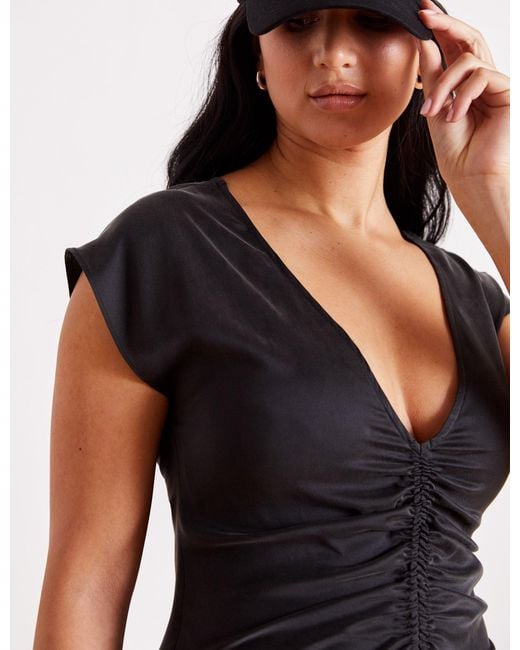 The Summer Edit Black Rudi Sandwashed Silk Ruched Dress