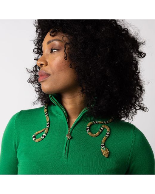 Laines London Green Laines Couture Quarter Zip Jumper With Embellished & Gold Wrap Snake