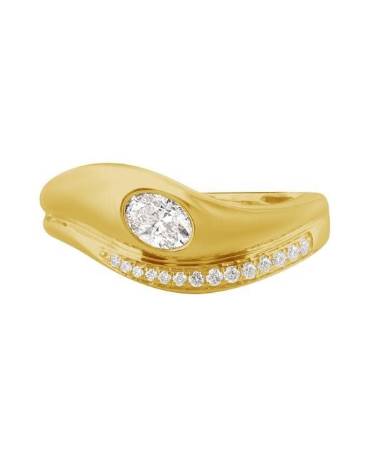 Artisan Yellow 14K Bezel Diamond Wave Ring With Pave Diamonds
