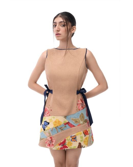 Rondooz White Hand Painted Corduroy Mini Dress With Antique French Gobelin Tapestry & Hand Applied Embellishment