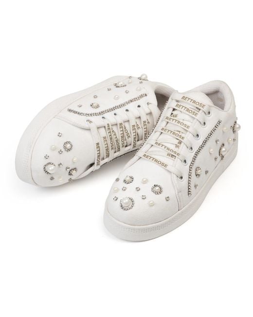Rettrose White Nova Luxury Suede Handmade Embellished Tennis Shoe