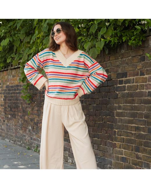 Cara & The Sky Red Jasmine Wide Sleeve V Neck Striped Jumper