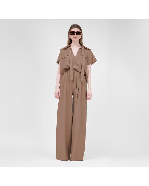 BLUZAT Brown Linen Matching Set With Shirt With Pockets And Wide Leg Trousers