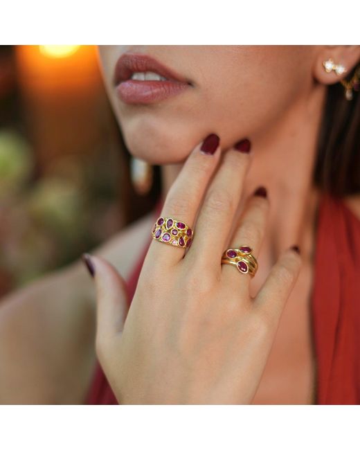 Ebru Jewelry Metallic Trio Ruby Gemstone Adjustable Cocktail Ring