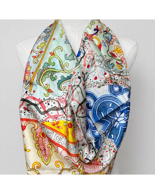 Wenzi Blue Tapestry Of Time Hand Painted Mulberry Silk Square Scarf