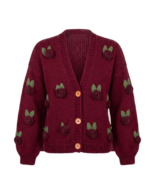 Ana Chic Purple Rose Motif Handmade Knitted Cardigan