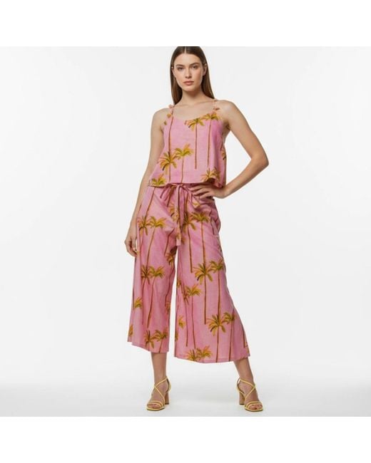 Pick Happy Pink Cotton Wide Pants Paradise Palm Tree Print