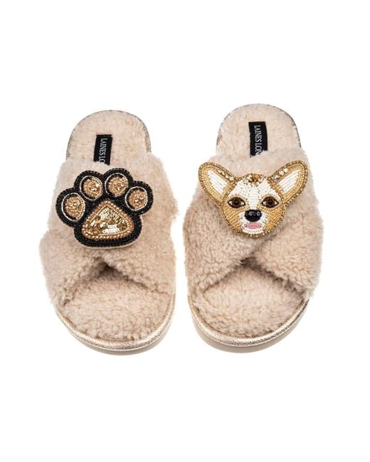Laines London Metallic Neutrals Laines Neutral Boucle Slippers With Princess Chihuahua & Paw Brooches