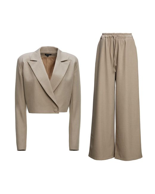 BLUZAT Natural Neutrals Suit With Cropped Blazer And Wide Leg Trousers