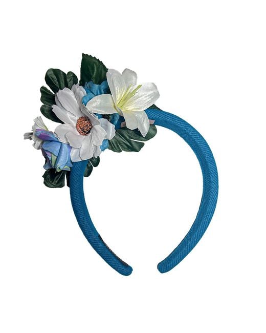 Natalia Petruch Blue Liora Striped Velvet Flower Headband – Small & Faux Flowers, Handmade Delicate Statement Hair Accessory