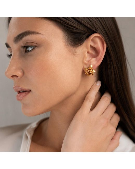 Unaloe Metallic Plated Rose Stud Earrings – Floral Leaf Design – Handmade Italian Jewelry For