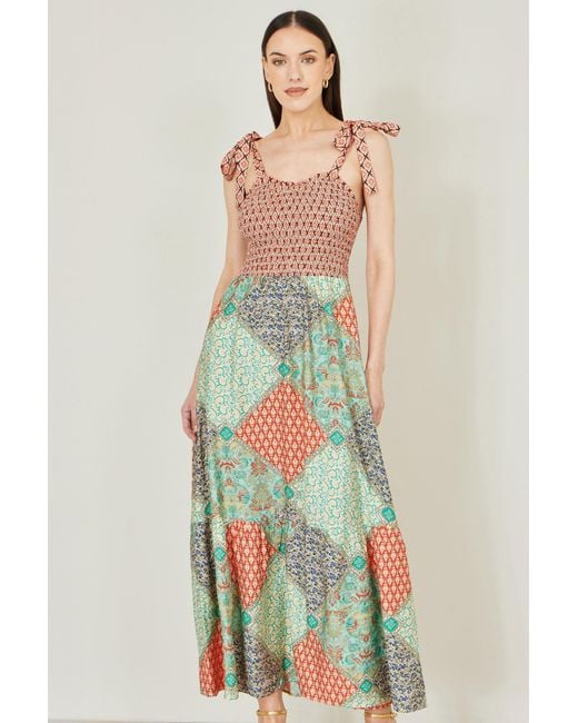 Yumi' Green Multicolour Patchwork Ruched Smocked Maxi Sundress